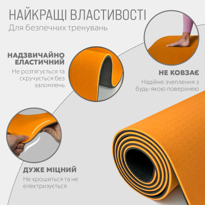 Килимок для йоги та фітнесу EasyFit TPE+TC 6 мм двошаровий + чохол помаранчевий-чорний Килимок для йоги та фітнесу EasyFit TPE+TC 6 мм двошаровий + чохол помаранчевий-чорний
