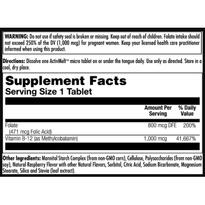 Folic Acid Methyl B-12 800mcg - 60 tabs Raspberry Folic Acid Methyl B-12 800mcg - 60 tabs Raspberry