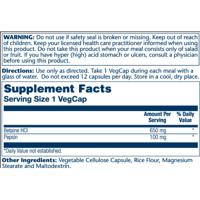 High Potency Betain HCl with Pepsin 650mg - 100 vcaps High Potency Betain HCl with Pepsin 650mg - 100 vcaps