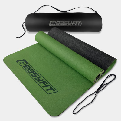 Килимок для йоги та фітнесу EasyFit TPE+TC 6 мм двошаровий + чохол зелений-чорний Килимок для йоги та фітнесу EasyFit TPE+TC 6 мм двошаровий + чохол зелений-чорний