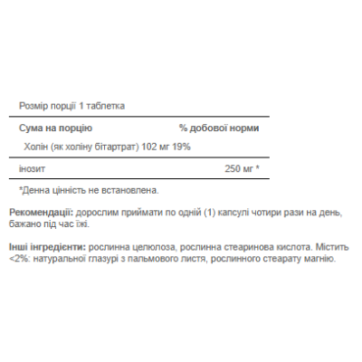 Choline Bitartate Inositol 102mg/250mg - 100 caps Choline Bitartate Inositol 102mg/250mg - 100 caps