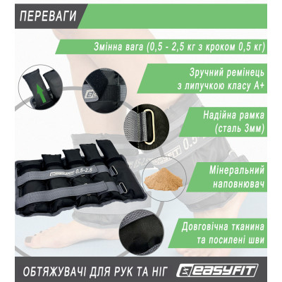 Обтяжувачі для ніг та рук EasyFit набірні 0,5-2,5 кг (пара) Обтяжувачі для ніг та рук EasyFit набірні 0,5-2,5 кг (пара)
