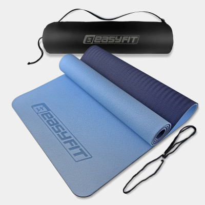 Килимок для йоги та фітнесу EasyFit TPE+TC 6 мм двошаровий + чохол блакитний-синій