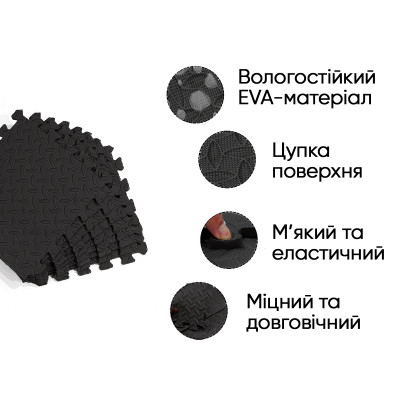 Татамі мат EasyFit 8 шт (30х30х1 см) хвіст ластівки чорний Татамі мат EasyFit 8 шт (30х30х1 см) хвіст ластівки чорний